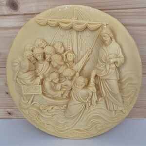 1986 Vintage Alabaster Plate Christ Walks Upon the Water Alberto Santangela